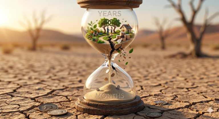 A conceptual, high-contrast photograph of a large vintage wooden hourglass resting on cracked, dry desert earth. Inside the top glass bulb of the hourglass, a miniature lush landscape features a couple standing outside a suburban house next to stacks of gold coins, with the word "YEARS" etched above. A deep crack fractures this landscape, causing the coins and green leaves to crumble and fall through the narrow neck of the glass, transforming into plain sand collecting in the bottom bulb labeled "MONTHS." Scattered old coins lie in the foreground on the parched ground under a warm sunset.