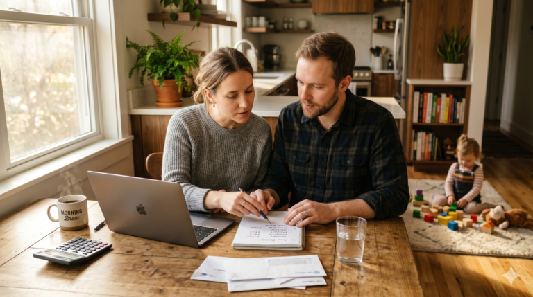 Young married couple reviewing family budget at kitchen table with toddler playing in background, comparing stay-at-home partner vs dual income finances.