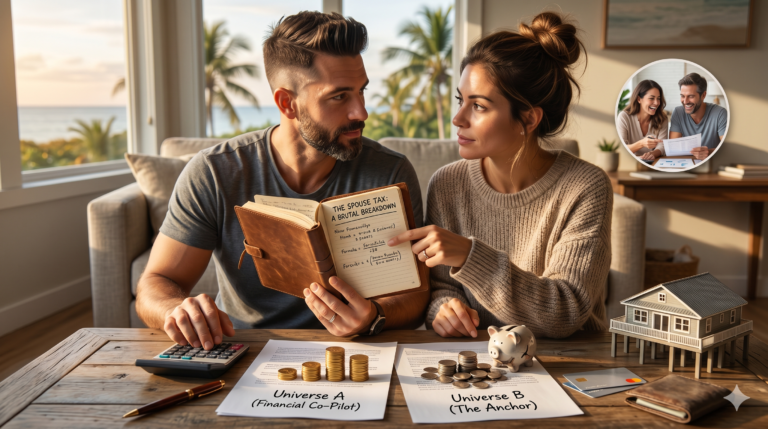 A photorealistic scene of a focused couple sitting at a wooden table in a coastal home, analyzing a financial notebook labeled "The Spouse Tax: A Brutal Breakdown." On the table, two separate budget sheets compare "Universe A (Financial Co-Pilot)" with neat stacks of gold coins, and "Universe B (The Anchor)" with scattered silver coins, a piggy bank, and credit cards. A small model of a modular home on pilings sits on the desk against a bright window view of palm trees and the ocean.