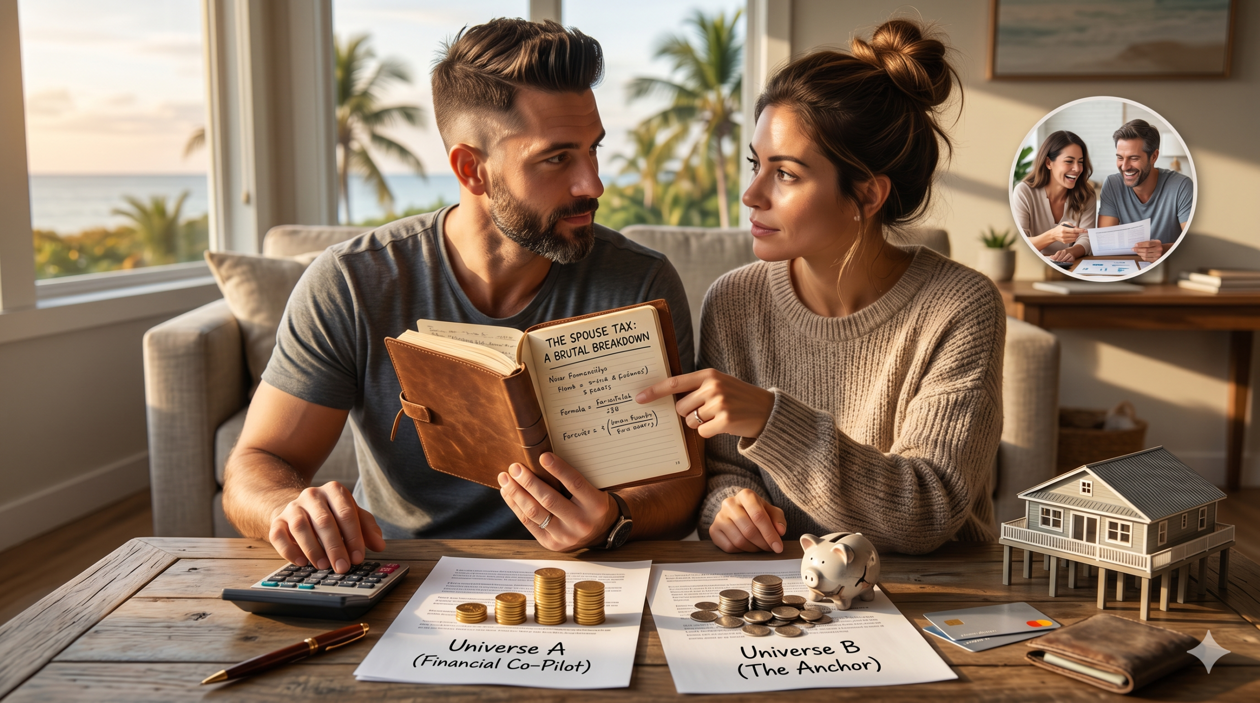 A photorealistic scene of a focused couple sitting at a wooden table in a coastal home, analyzing a financial notebook labeled "The Spouse Tax: A Brutal Breakdown." On the table, two separate budget sheets compare "Universe A (Financial Co-Pilot)" with neat stacks of gold coins, and "Universe B (The Anchor)" with scattered silver coins, a piggy bank, and credit cards. A small model of a modular home on pilings sits on the desk against a bright window view of palm trees and the ocean.