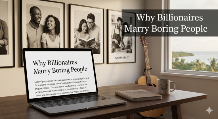 A clean, modern home office desk in front of a window with a tropical seaside view. On the wooden desk sits an open laptop displaying the article title "Why Billionaires Marry Boring People," alongside a notebook, an acoustic guitar, and a coffee mug. Black and white framed photos of couples and a poster reading "Vulnerability" hang on the wall behind the desk.