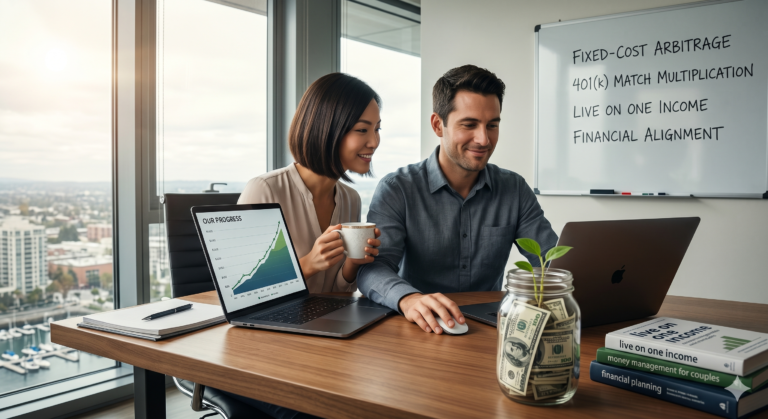Photorealistic image of a focused, smiling modern couple managing their investments together on a laptop inside a bright, luxury apartment, symbolizing dual-income wealth building and financial alignment.