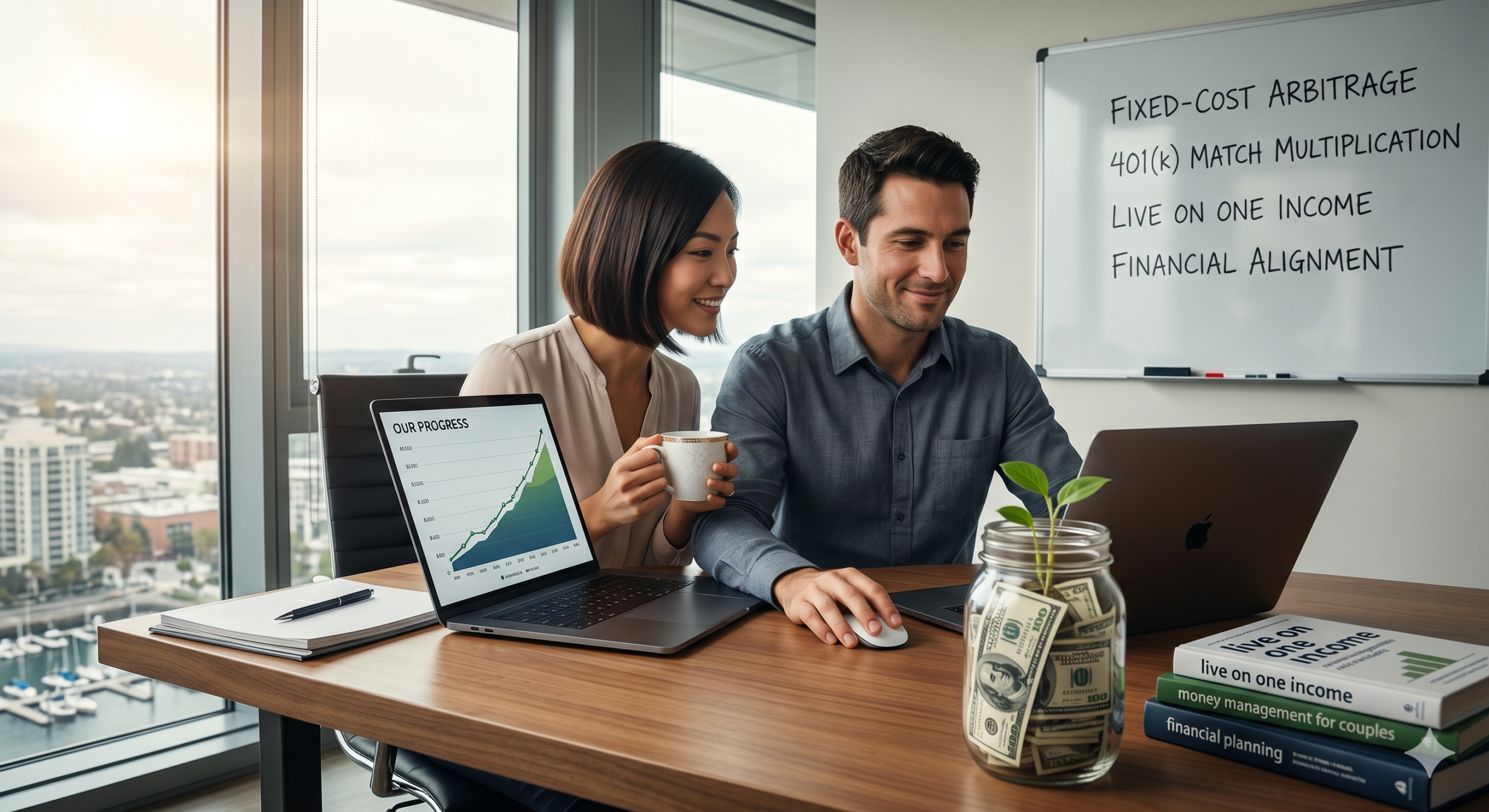 Photorealistic image of a focused, smiling modern couple managing their investments together on a laptop inside a bright, luxury apartment, symbolizing dual-income wealth building and financial alignment.