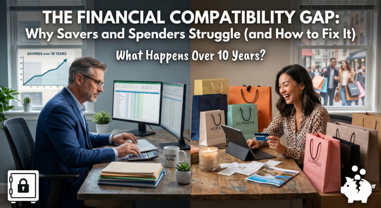 A split-panel photograph contrasting two people at desks: on the left, a man in a navy suit meticulously uses a calculator and reviews spreadsheets on dual monitors; on the right, a woman in a grey shirt smiles warmly as she also uses a calculator and looks at currency, alongside numerous full shopping bags.