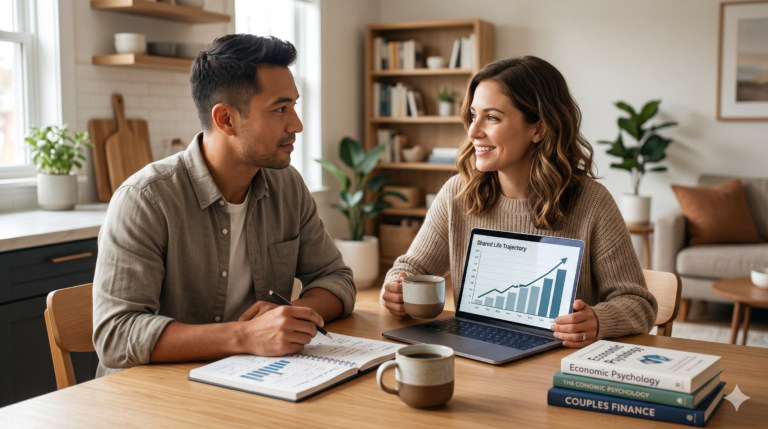 A photorealistic image of a couple in a bright, modern kitchen sitting at a wooden table, engaged in a collaborative discussion about their future. The woman is smiling and pointing to a laptop screen displaying a "Shared Life Trajectory" bar graph with an upward-climbing arrow, while the man takes notes in a ledger. On the table sit two coffee mugs and books titled "Economic Psychology" and "Couples Finance," symbolizing the intersection of relationships and lifetime earning potential.
