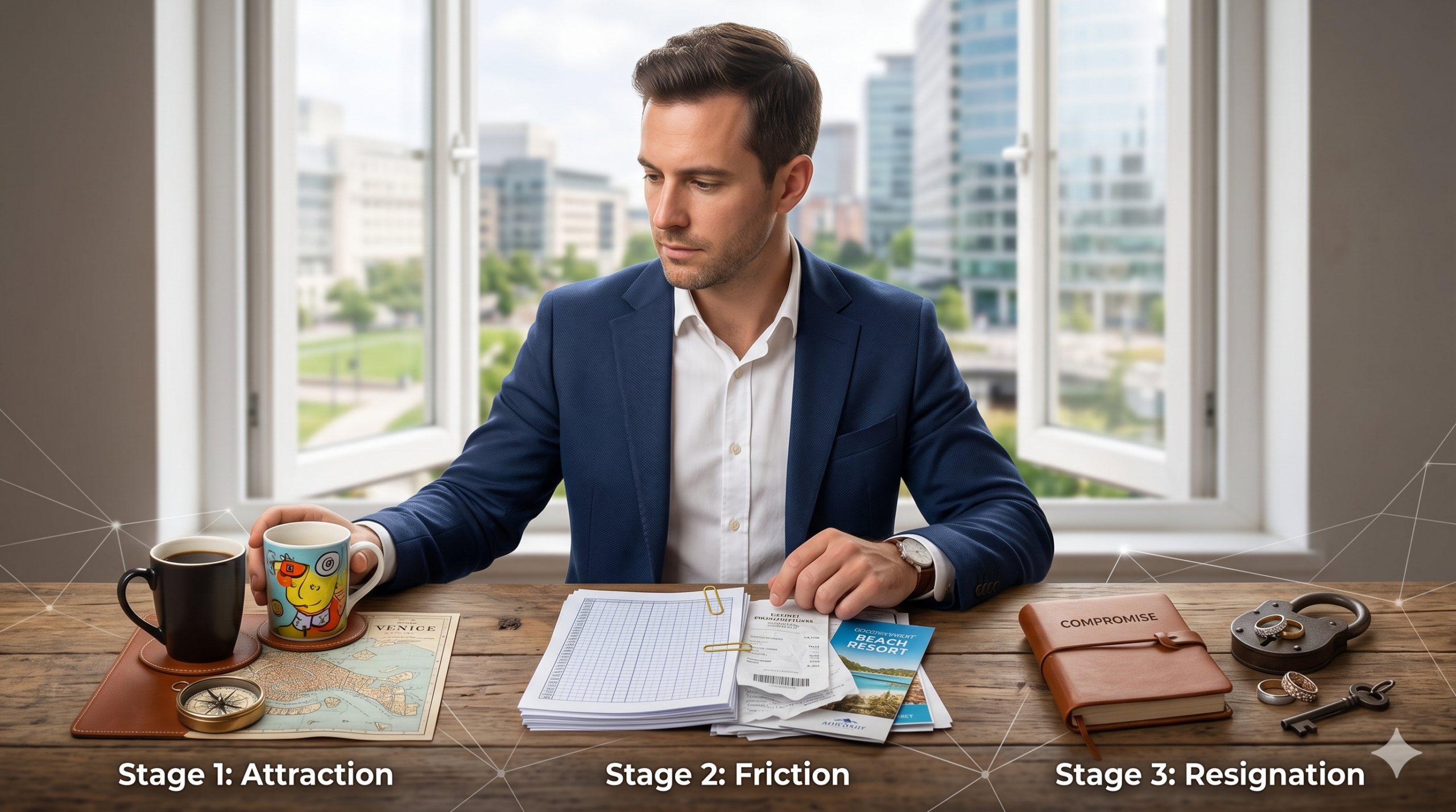 A photorealistic 16:9 featured image showing a businessman at a desk divided into three chronological stages. From left to right, it moves from shared travel planning (attraction), to clashing budget spreadsheets and messy retail receipts (friction), and finally to a locked journal labeled 'COMPROMISE' and two separated rings (resignation), symbolizing the economic framework of "Marrying Poor" for high-performers.