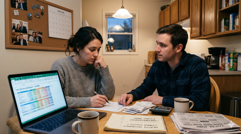 A worried couple sitting at a kitchen table reviewing bills, paper receipts, and a budget spreadsheet on a laptop after a partner loses their job.